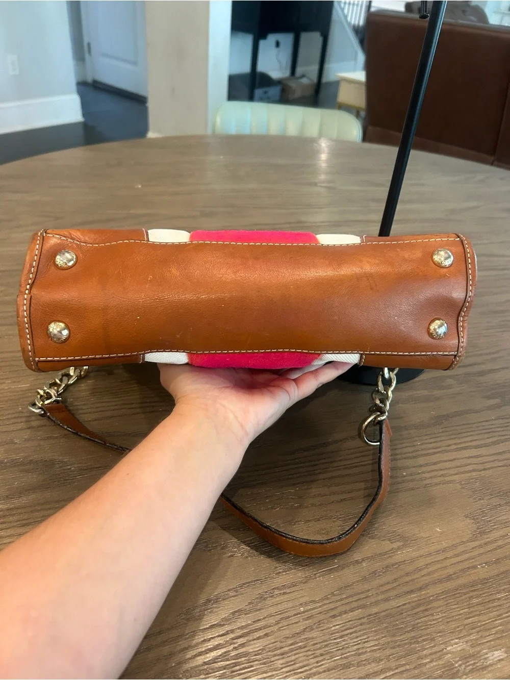 Michael Kors Brown Leather & Red Stripe Canvas Satchel